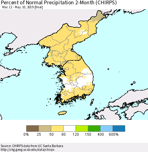 Korea Percent of Normal Precipitation 2-Month (CHIRPS) Thematic Map For 3/11/2019 - 5/10/2019