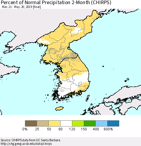 Korea Percent of Normal Precipitation 2-Month (CHIRPS) Thematic Map For 3/21/2019 - 5/20/2019