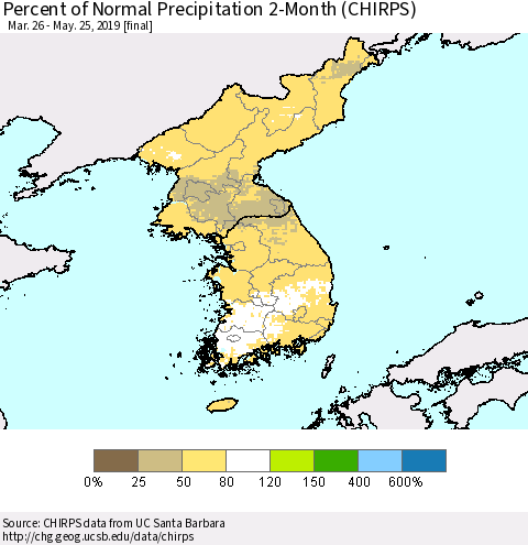 Korea Percent of Normal Precipitation 2-Month (CHIRPS) Thematic Map For 3/26/2019 - 5/25/2019