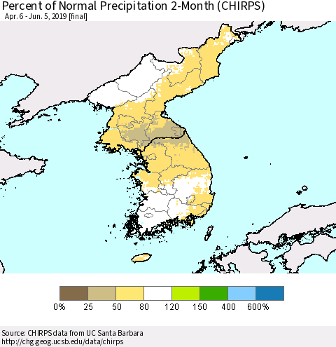 Korea Percent of Normal Precipitation 2-Month (CHIRPS) Thematic Map For 4/6/2019 - 6/5/2019
