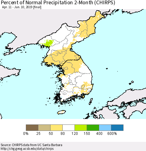 Korea Percent of Normal Precipitation 2-Month (CHIRPS) Thematic Map For 4/11/2019 - 6/10/2019