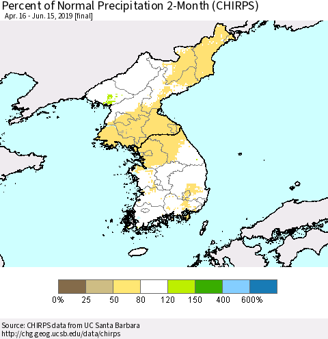 Korea Percent of Normal Precipitation 2-Month (CHIRPS) Thematic Map For 4/16/2019 - 6/15/2019
