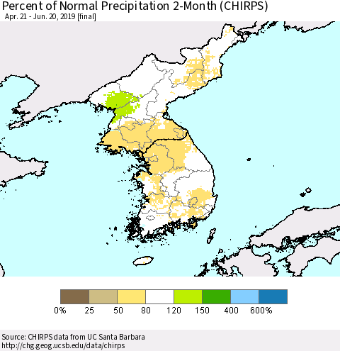 Korea Percent of Normal Precipitation 2-Month (CHIRPS) Thematic Map For 4/21/2019 - 6/20/2019