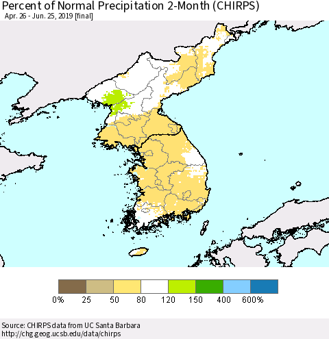 Korea Percent of Normal Precipitation 2-Month (CHIRPS) Thematic Map For 4/26/2019 - 6/25/2019