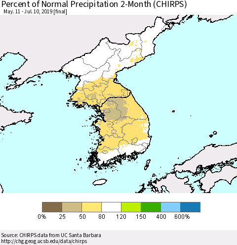 Korea Percent of Normal Precipitation 2-Month (CHIRPS) Thematic Map For 5/11/2019 - 7/10/2019