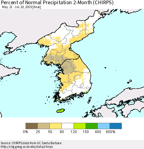 Korea Percent of Normal Precipitation 2-Month (CHIRPS) Thematic Map For 5/21/2019 - 7/20/2019