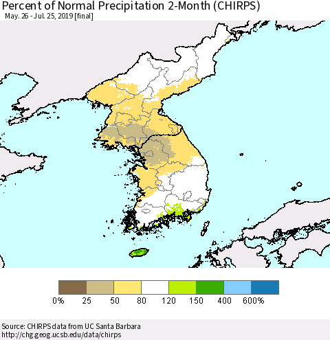 Korea Percent of Normal Precipitation 2-Month (CHIRPS) Thematic Map For 5/26/2019 - 7/25/2019