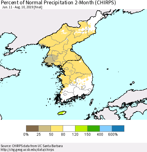 Korea Percent of Normal Precipitation 2-Month (CHIRPS) Thematic Map For 6/11/2019 - 8/10/2019