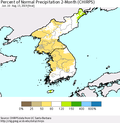 Korea Percent of Normal Precipitation 2-Month (CHIRPS) Thematic Map For 6/16/2019 - 8/15/2019