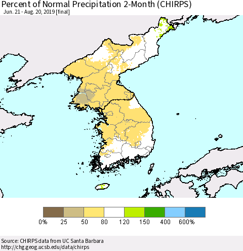Korea Percent of Normal Precipitation 2-Month (CHIRPS) Thematic Map For 6/21/2019 - 8/20/2019