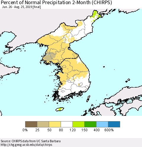 Korea Percent of Normal Precipitation 2-Month (CHIRPS) Thematic Map For 6/26/2019 - 8/25/2019