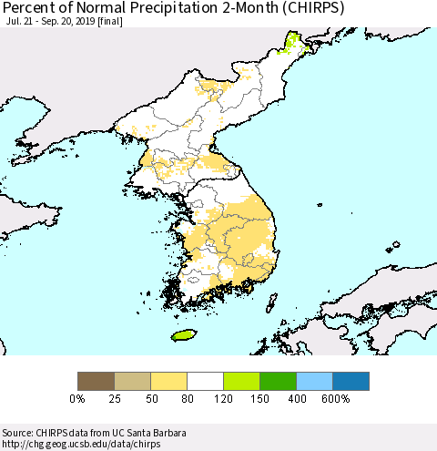 Korea Percent of Normal Precipitation 2-Month (CHIRPS) Thematic Map For 7/21/2019 - 9/20/2019