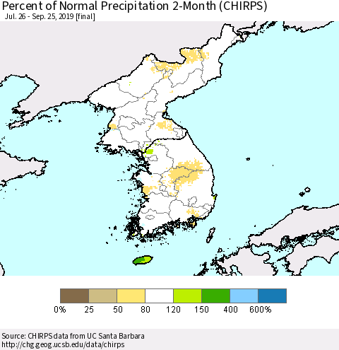 Korea Percent of Normal Precipitation 2-Month (CHIRPS) Thematic Map For 7/26/2019 - 9/25/2019