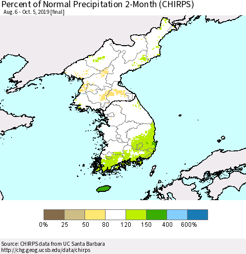 Korea Percent of Normal Precipitation 2-Month (CHIRPS) Thematic Map For 8/6/2019 - 10/5/2019
