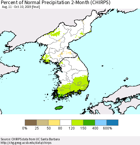 Korea Percent of Normal Precipitation 2-Month (CHIRPS) Thematic Map For 8/11/2019 - 10/10/2019