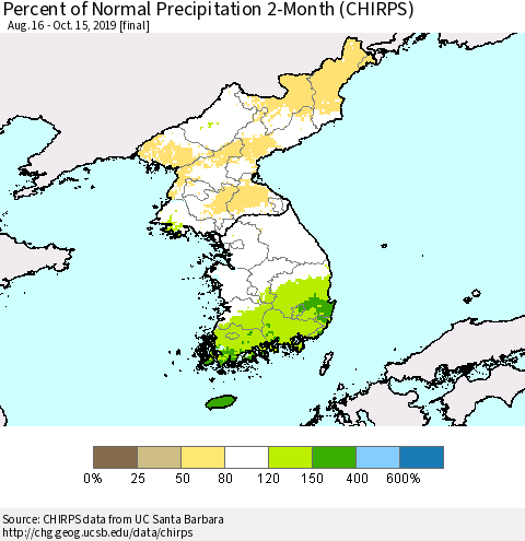 Korea Percent of Normal Precipitation 2-Month (CHIRPS) Thematic Map For 8/16/2019 - 10/15/2019