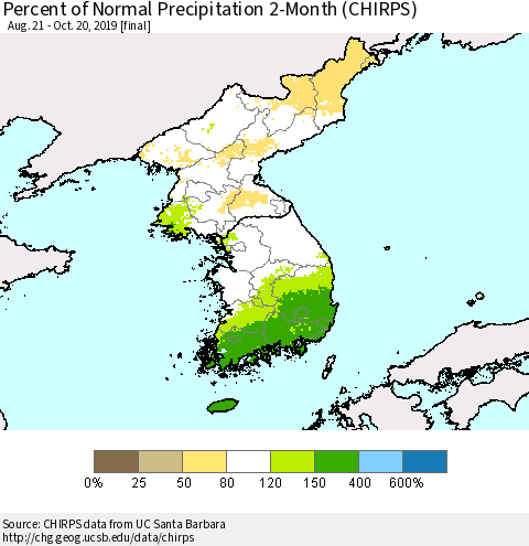 Korea Percent of Normal Precipitation 2-Month (CHIRPS) Thematic Map For 8/21/2019 - 10/20/2019