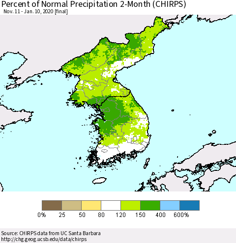 Korea Percent of Normal Precipitation 2-Month (CHIRPS) Thematic Map For 11/11/2019 - 1/10/2020