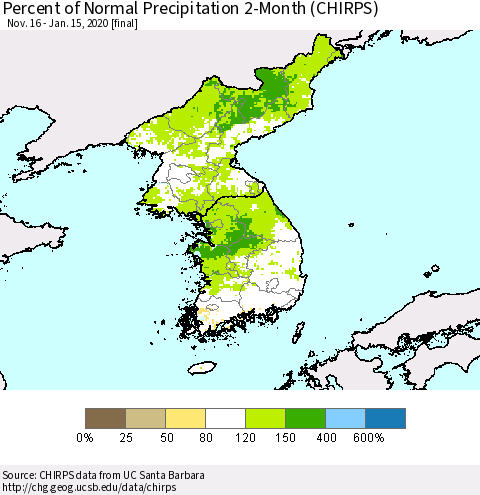 Korea Percent of Normal Precipitation 2-Month (CHIRPS) Thematic Map For 11/16/2019 - 1/15/2020