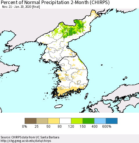 Korea Percent of Normal Precipitation 2-Month (CHIRPS) Thematic Map For 11/21/2019 - 1/20/2020
