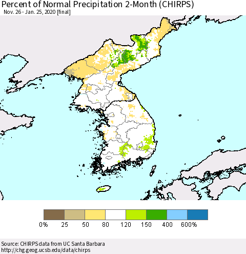 Korea Percent of Normal Precipitation 2-Month (CHIRPS) Thematic Map For 11/26/2019 - 1/25/2020
