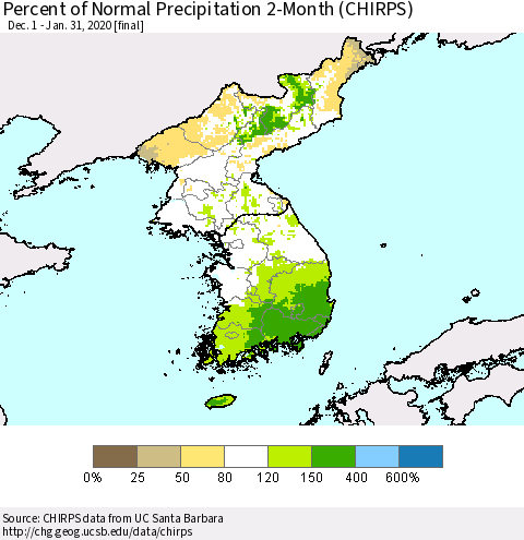 Korea Percent of Normal Precipitation 2-Month (CHIRPS) Thematic Map For 12/1/2019 - 1/31/2020