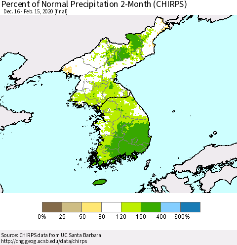 Korea Percent of Normal Precipitation 2-Month (CHIRPS) Thematic Map For 12/16/2019 - 2/15/2020