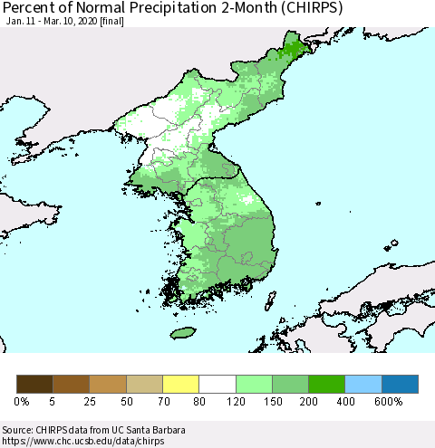 Korea Percent of Normal Precipitation 2-Month (CHIRPS) Thematic Map For 1/11/2020 - 3/10/2020