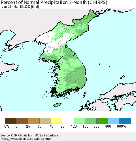 Korea Percent of Normal Precipitation 2-Month (CHIRPS) Thematic Map For 1/16/2020 - 3/15/2020