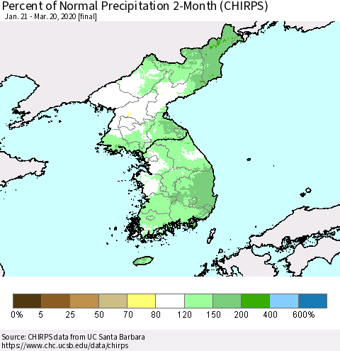 Korea Percent of Normal Precipitation 2-Month (CHIRPS) Thematic Map For 1/21/2020 - 3/20/2020