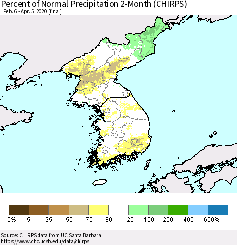 Korea Percent of Normal Precipitation 2-Month (CHIRPS) Thematic Map For 2/6/2020 - 4/5/2020