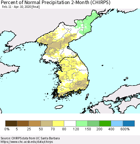 Korea Percent of Normal Precipitation 2-Month (CHIRPS) Thematic Map For 2/11/2020 - 4/10/2020