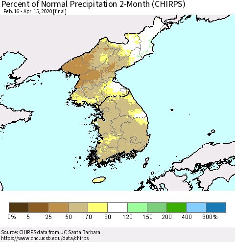 Korea Percent of Normal Precipitation 2-Month (CHIRPS) Thematic Map For 2/16/2020 - 4/15/2020