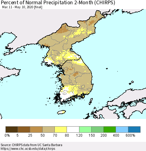 Korea Percent of Normal Precipitation 2-Month (CHIRPS) Thematic Map For 3/11/2020 - 5/10/2020