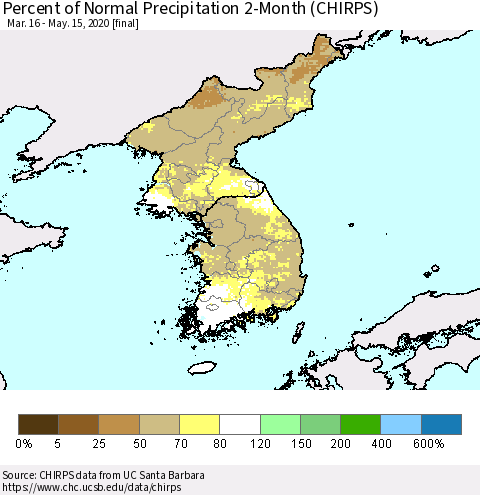 Korea Percent of Normal Precipitation 2-Month (CHIRPS) Thematic Map For 3/16/2020 - 5/15/2020
