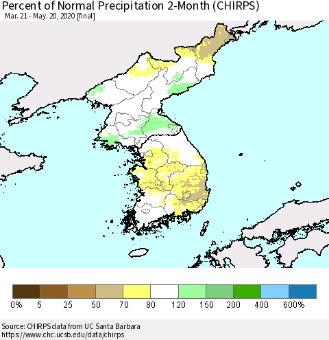 Korea Percent of Normal Precipitation 2-Month (CHIRPS) Thematic Map For 3/21/2020 - 5/20/2020