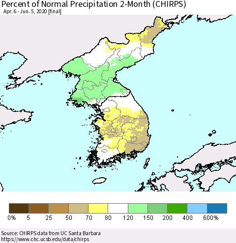 Korea Percent of Normal Precipitation 2-Month (CHIRPS) Thematic Map For 4/6/2020 - 6/5/2020
