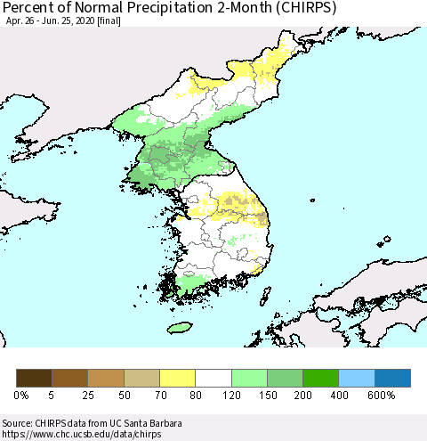 Korea Percent of Normal Precipitation 2-Month (CHIRPS) Thematic Map For 4/26/2020 - 6/25/2020
