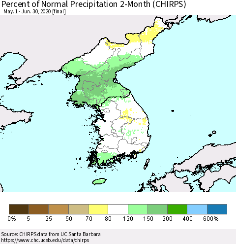 Korea Percent of Normal Precipitation 2-Month (CHIRPS) Thematic Map For 5/1/2020 - 6/30/2020