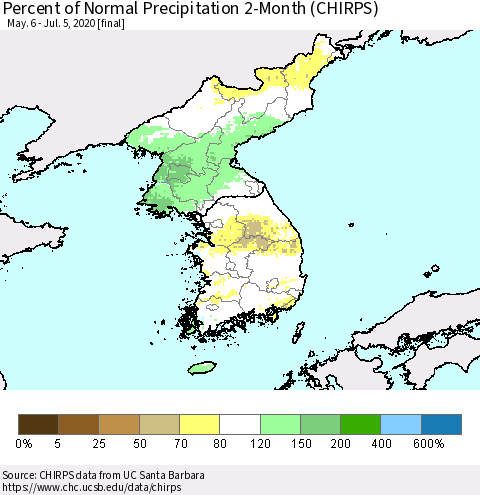 Korea Percent of Normal Precipitation 2-Month (CHIRPS) Thematic Map For 5/6/2020 - 7/5/2020
