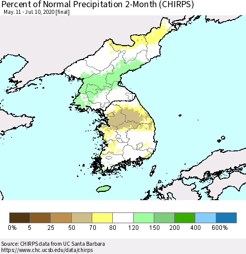 Korea Percent of Normal Precipitation 2-Month (CHIRPS) Thematic Map For 5/11/2020 - 7/10/2020