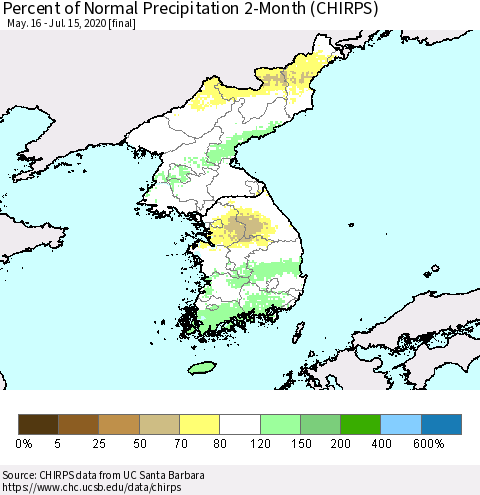 Korea Percent of Normal Precipitation 2-Month (CHIRPS) Thematic Map For 5/16/2020 - 7/15/2020