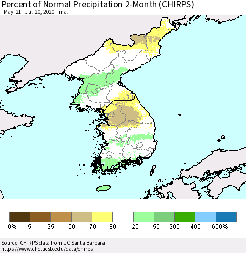 Korea Percent of Normal Precipitation 2-Month (CHIRPS) Thematic Map For 5/21/2020 - 7/20/2020