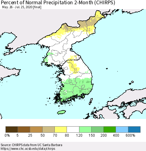 Korea Percent of Normal Precipitation 2-Month (CHIRPS) Thematic Map For 5/26/2020 - 7/25/2020