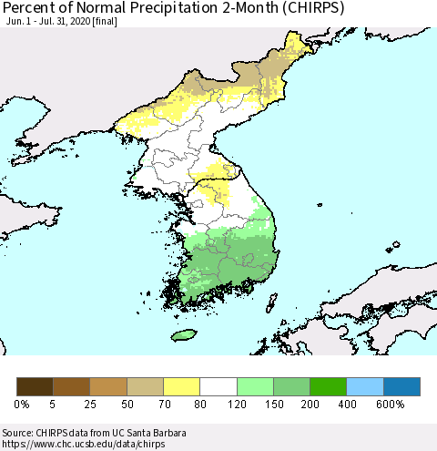 Korea Percent of Normal Precipitation 2-Month (CHIRPS) Thematic Map For 6/1/2020 - 7/31/2020