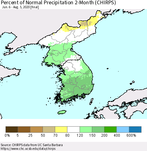 Korea Percent of Normal Precipitation 2-Month (CHIRPS) Thematic Map For 6/6/2020 - 8/5/2020