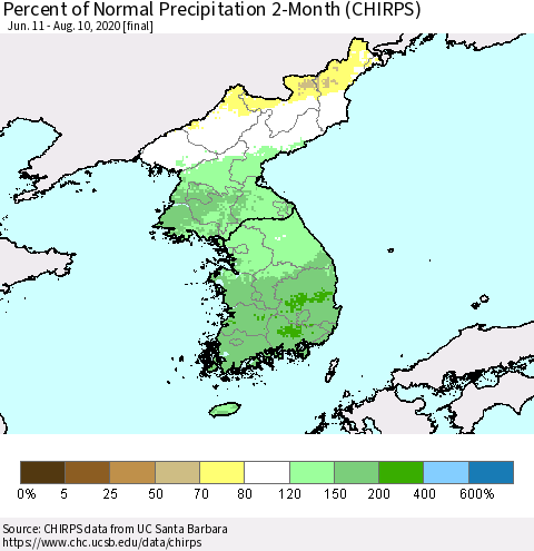 Korea Percent of Normal Precipitation 2-Month (CHIRPS) Thematic Map For 6/11/2020 - 8/10/2020