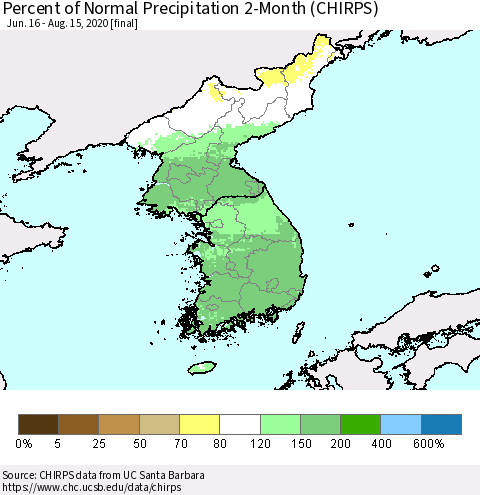 Korea Percent of Normal Precipitation 2-Month (CHIRPS) Thematic Map For 6/16/2020 - 8/15/2020