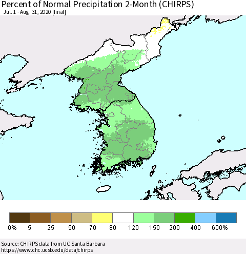 Korea Percent of Normal Precipitation 2-Month (CHIRPS) Thematic Map For 7/1/2020 - 8/31/2020