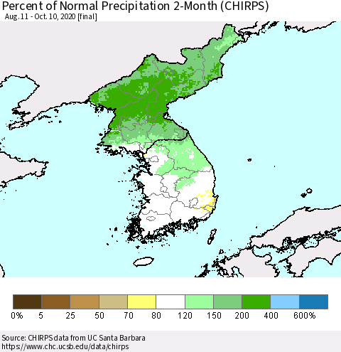 Korea Percent of Normal Precipitation 2-Month (CHIRPS) Thematic Map For 8/11/2020 - 10/10/2020